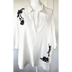 Zara Linen Viscose Emboidered Beaded 3/4 Sleeves Collar Pullover Tunic Blk White